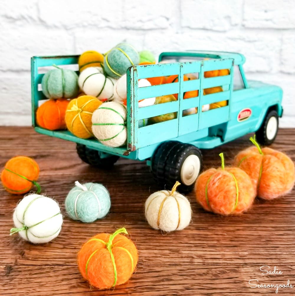 Vintage truck decor with felted wool pumpkins