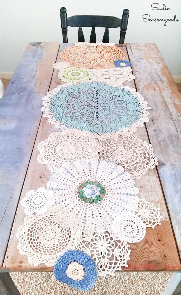 Doily Table Runner from Vintage Doilies for Spring Decor