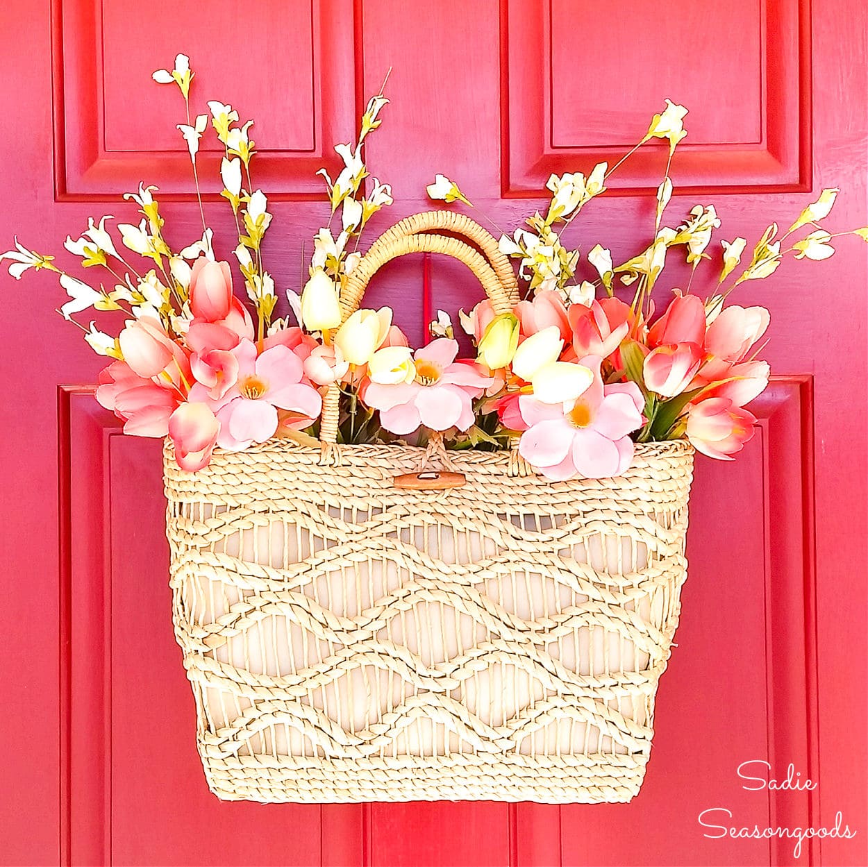 Spring Door Decor with a Straw Purse from the Thrift Store
