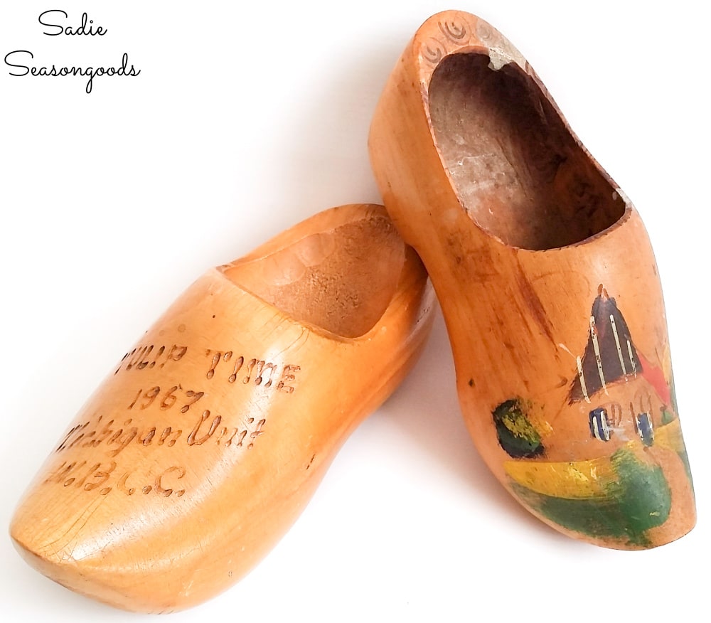 Dutch Wooden Clogs as Upcycled Planters for Spring Porch Decor