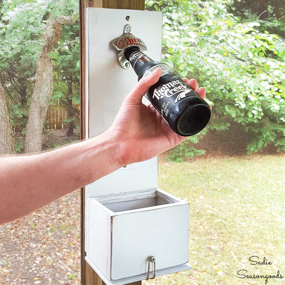 Wall Mounted Bottle Opener, Reclaimed Wood, Beer Bottle Catcher