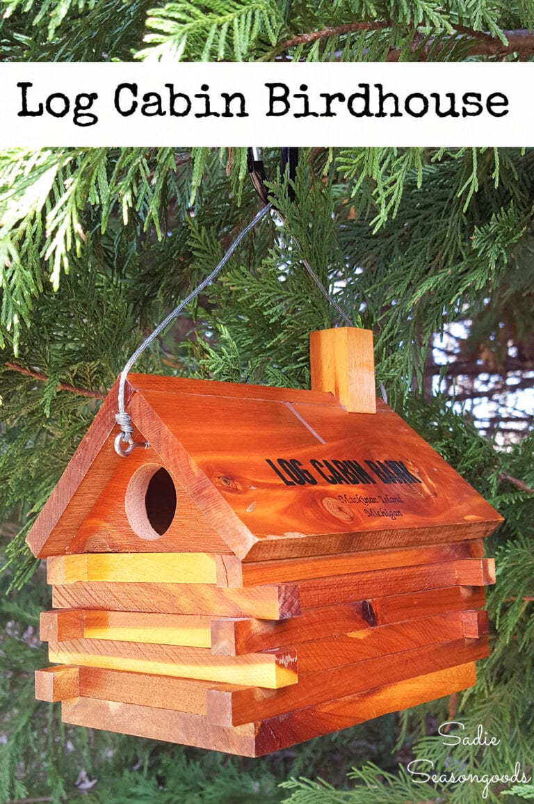 Log Cabin Birdhouse from a Vintage Coin Bank for Your Yard