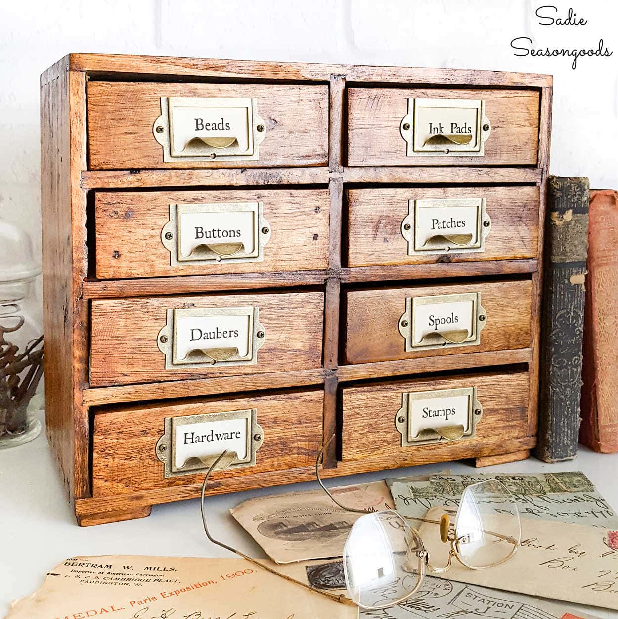 Vintage Library Desk Drawer Organizer - Wooden Storage Box with 16 Drawers  USA