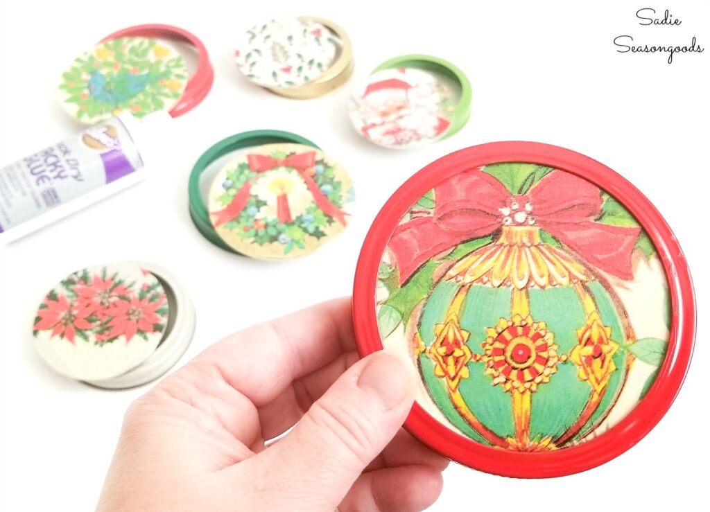 Mason Jar Lid Ornaments with Vintage Christmas Wrapping Paper