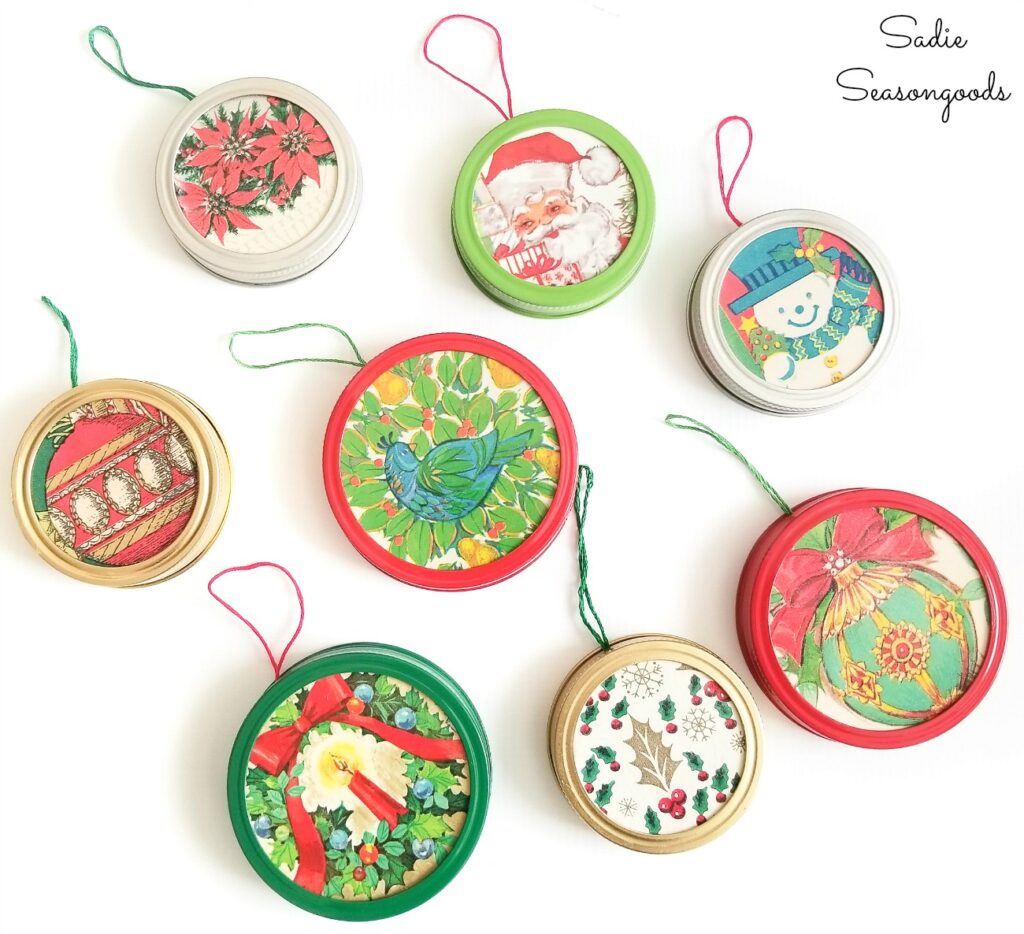 Mason Jar Lid Ornaments with Vintage Christmas Wrapping Paper