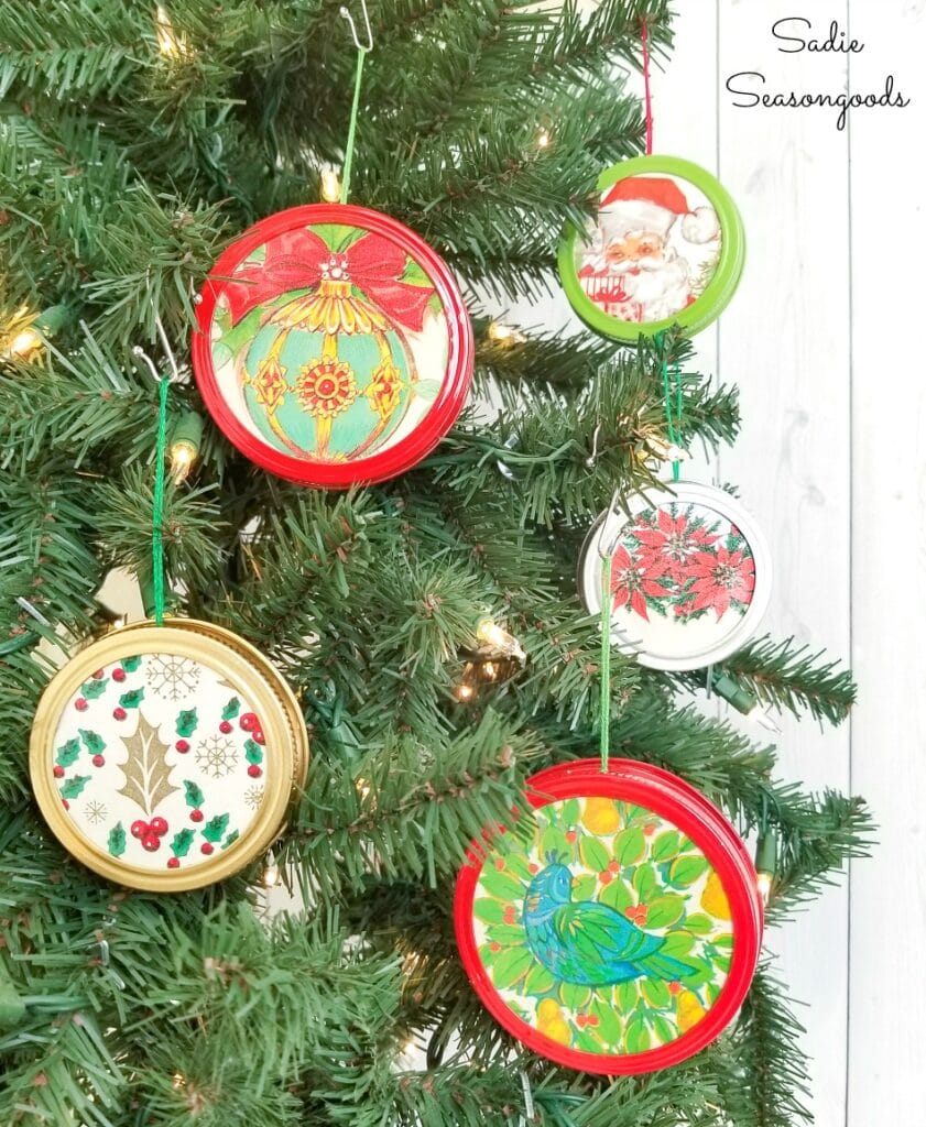 Mason Jar Lid Ornaments with Vintage Christmas Wrapping Paper