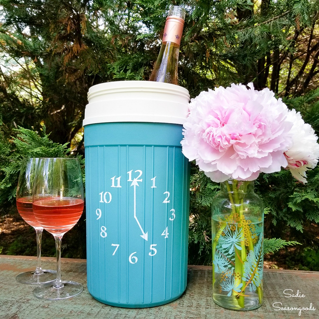 Wine bottle cooler for a patio happy hour from an Igloo beverage cooler
