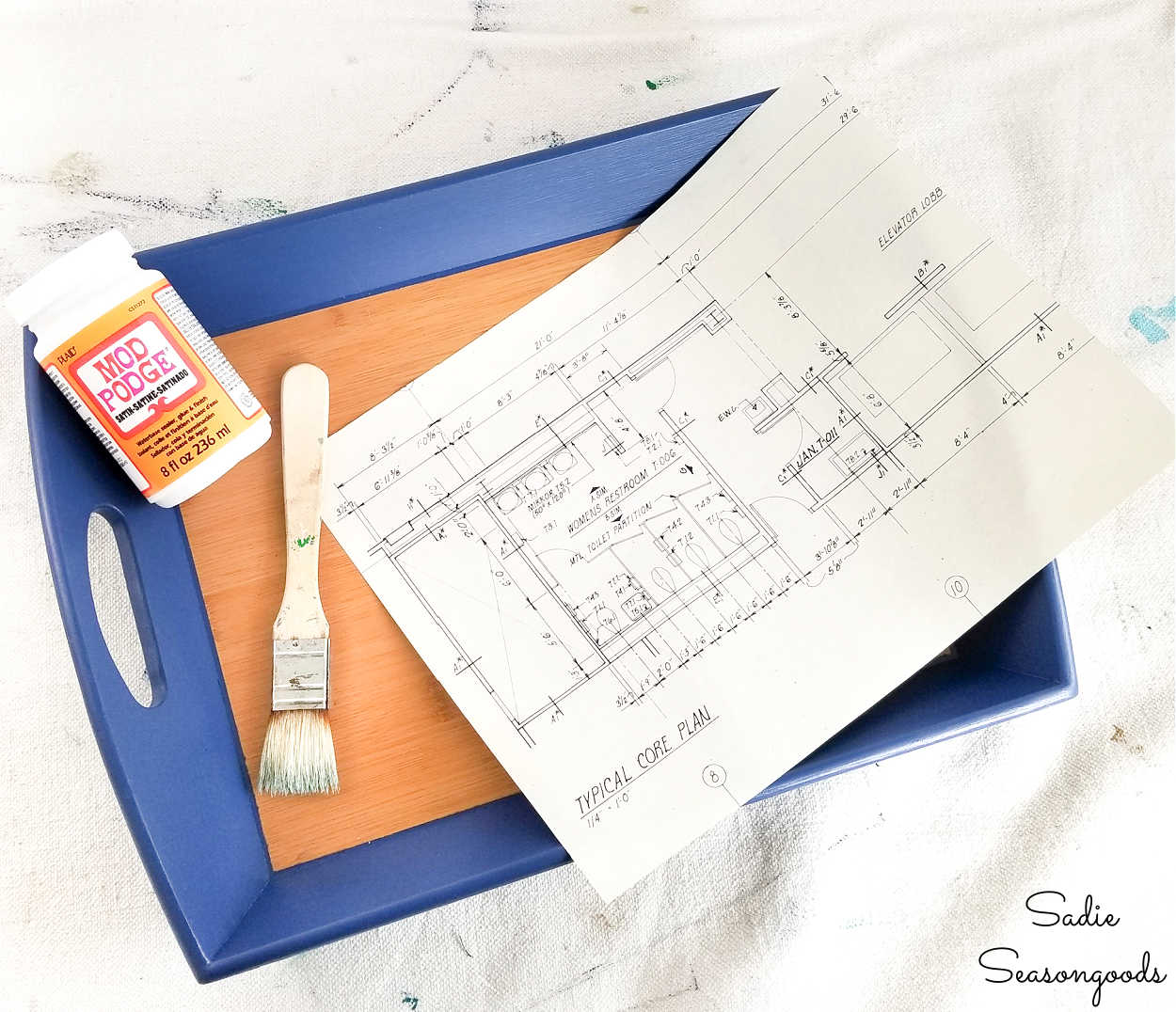 Upcycling a Bamboo Tray with Blueprint Paper
