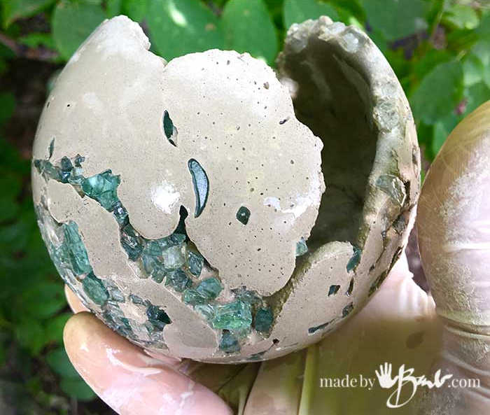 diy garden orb with concrete and broken glass