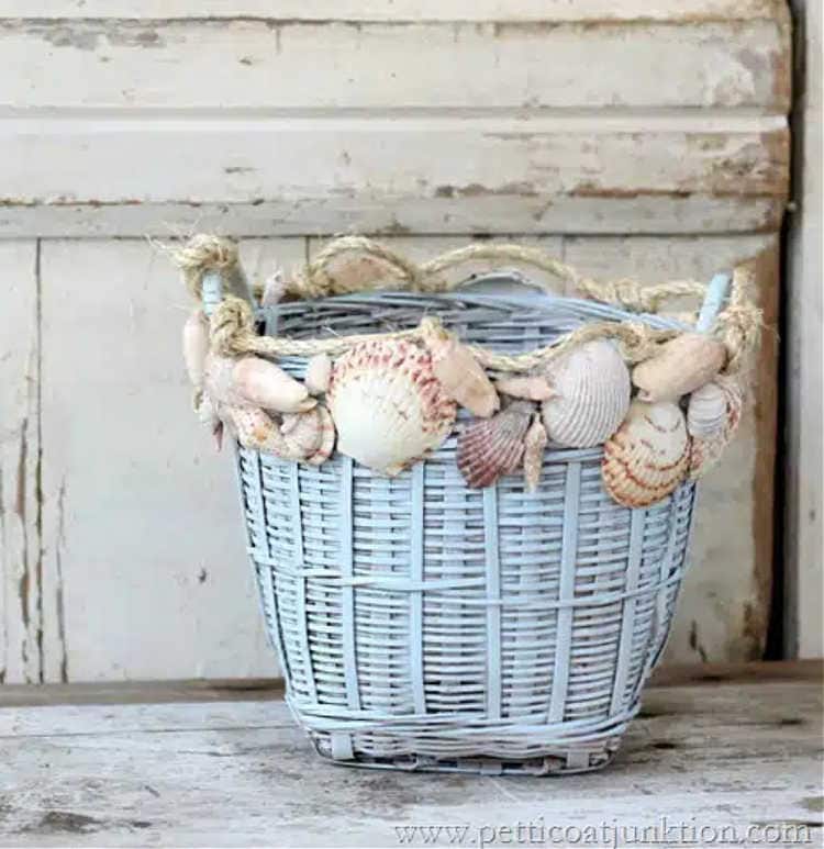 decorating a basket with shells