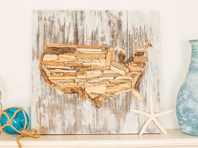 driftwood collage in the shape of the usa