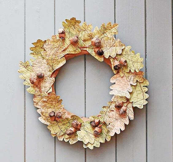 upcycled leaf wreath from vintage maps
