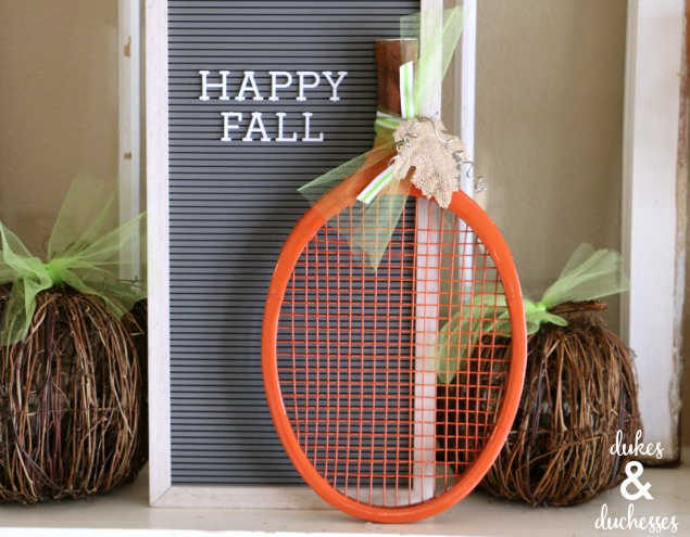 diy pumpkin from a wooden tennis racket