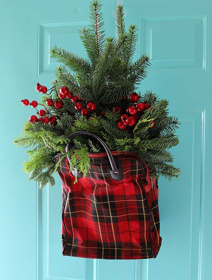 vintage plaid bag as christmas door hanger