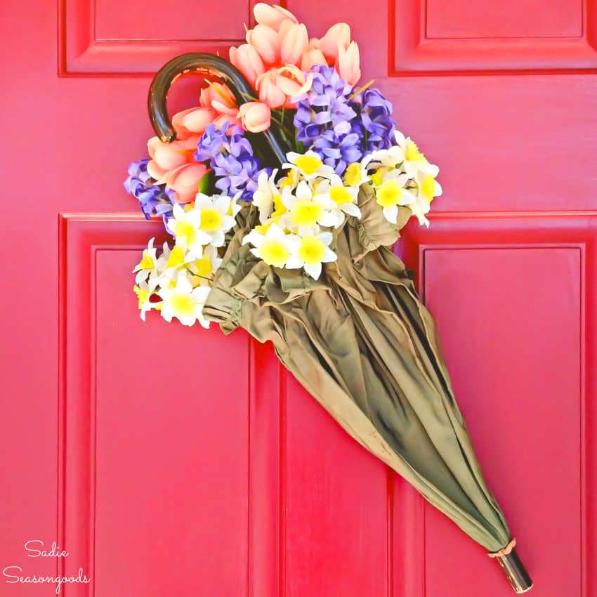 spring door wreath from a vintage umbrella