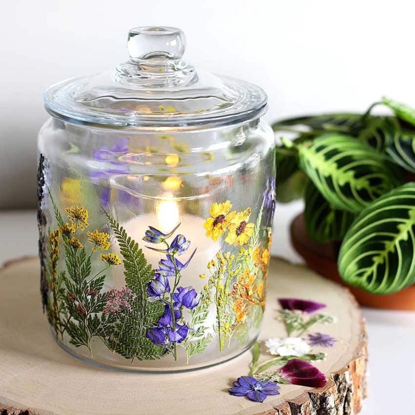 candle holder with pressed flowers