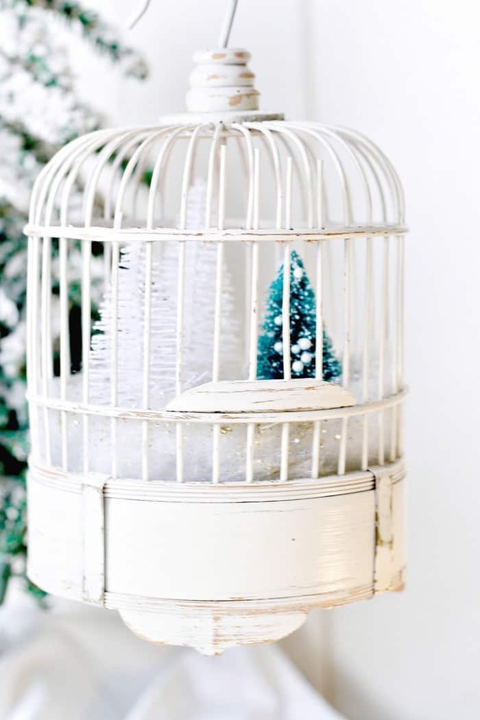 white birdcage as winter decor