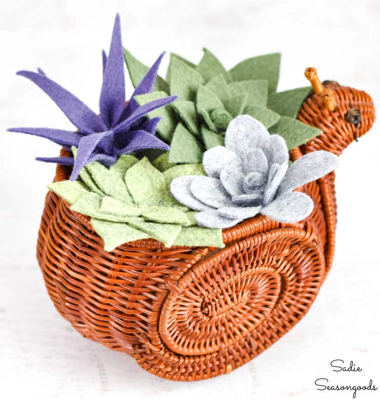 vintage snail basket with felt succulents