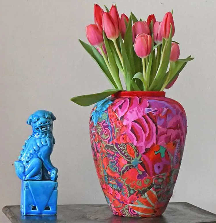 decoupage glass vase with fabric