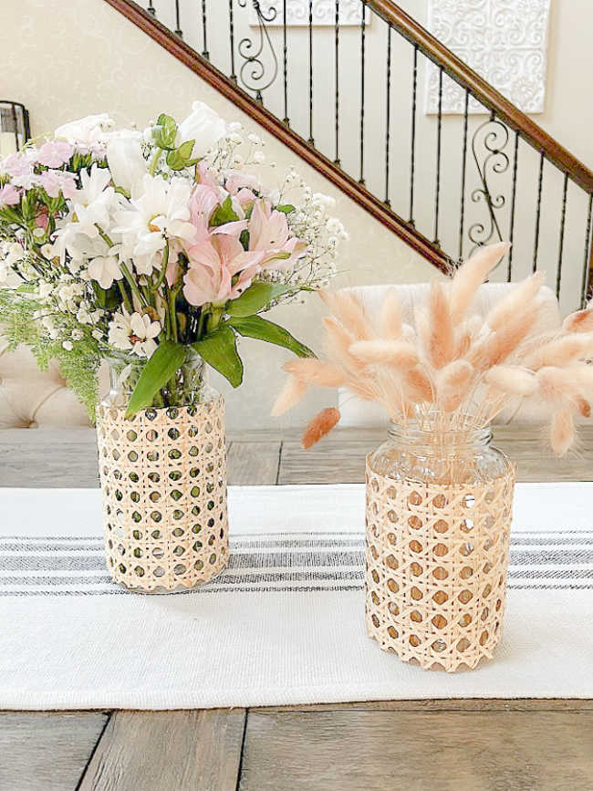 flower vases wrapped in cane
