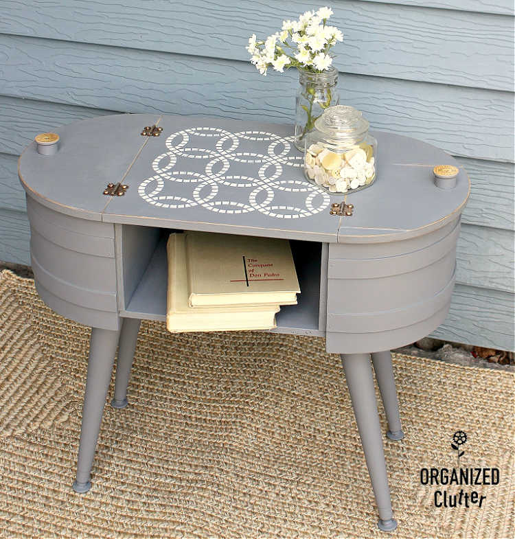 upcycled sewing basket table