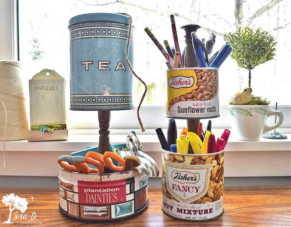 vintage tin cans as tiered organizers