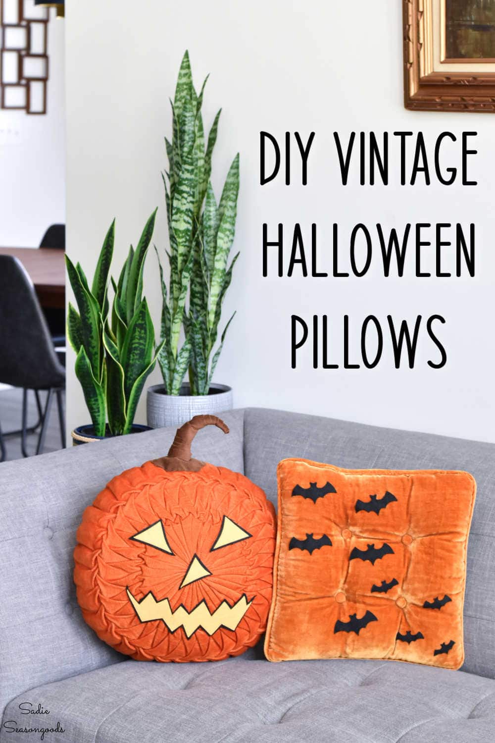 how to turn vintage throw pillows into halloween decor