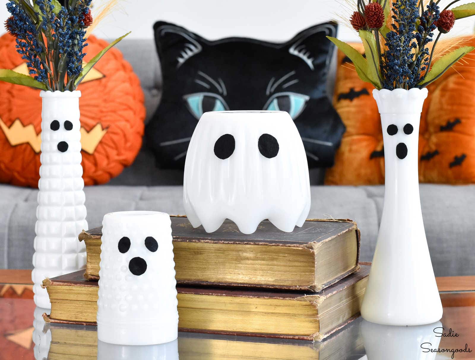 Milk Glass Vases as Halloween Ghosts