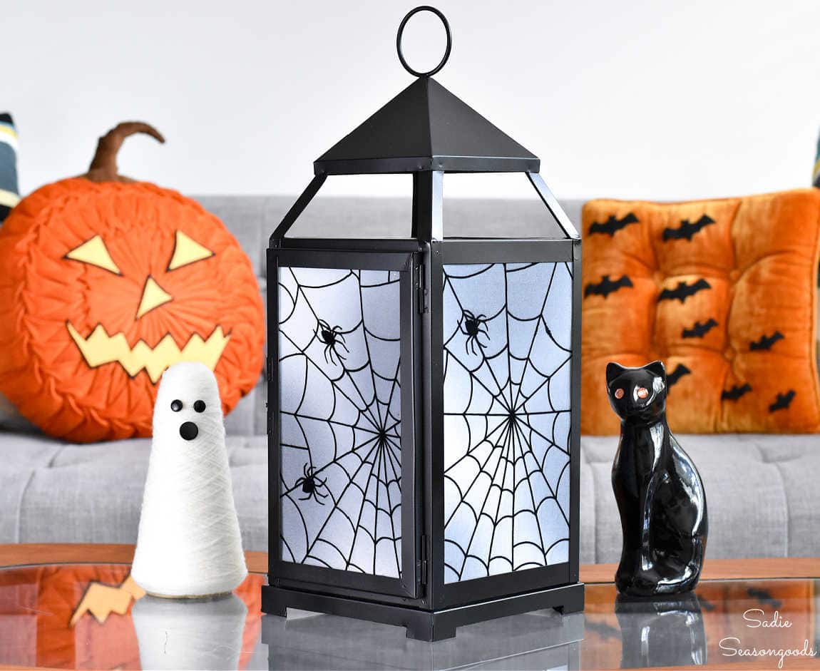 decorating a lantern for halloween