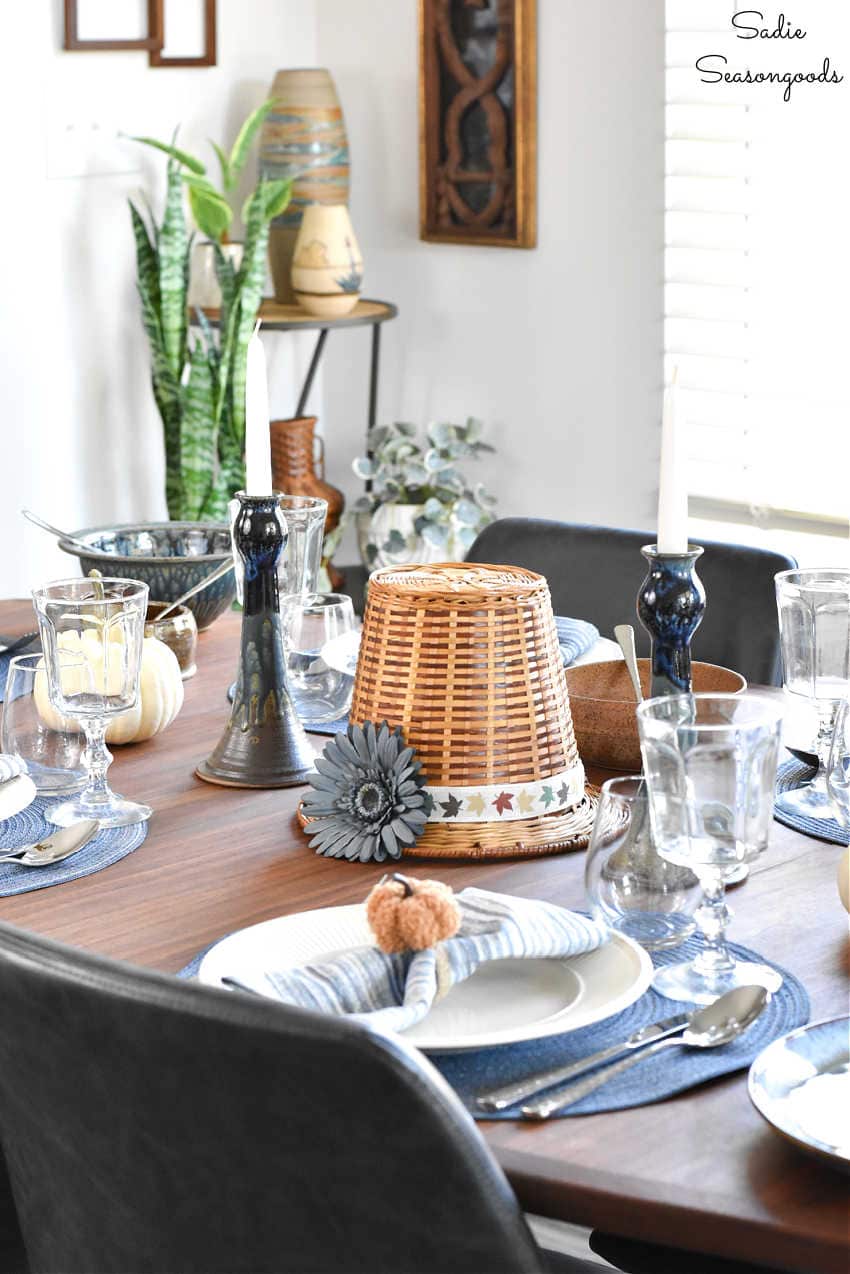 autumn tablescape and blue fall decor for thanksgiving