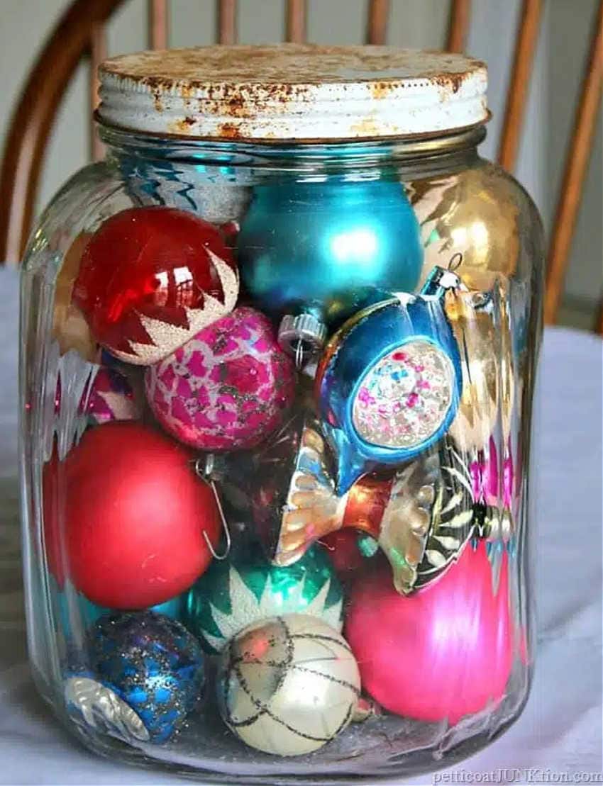 vintage ornaments in an old jar