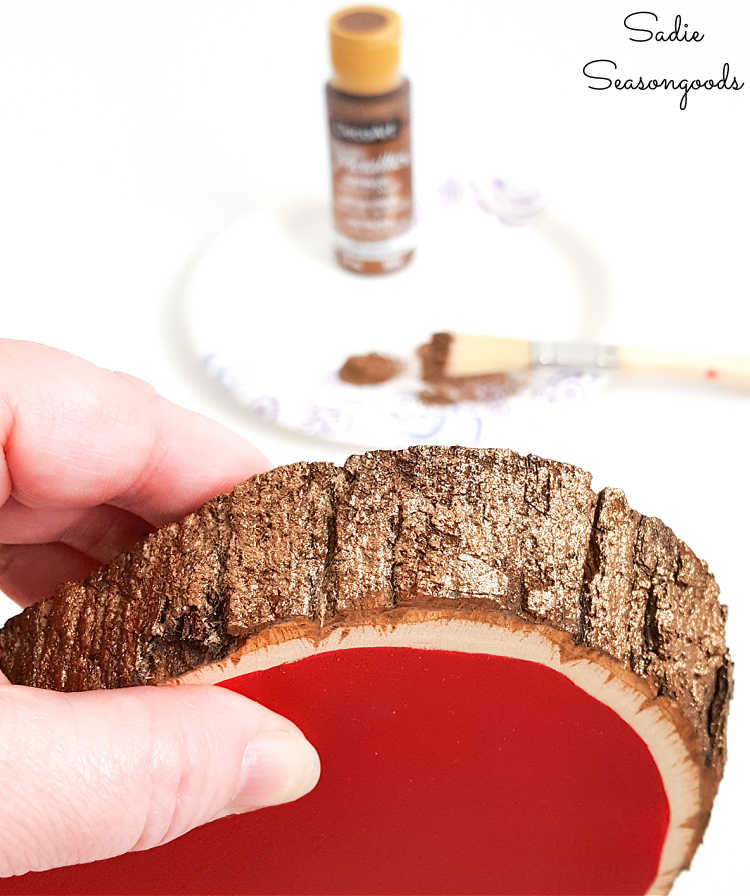 painting the bark on wood slices