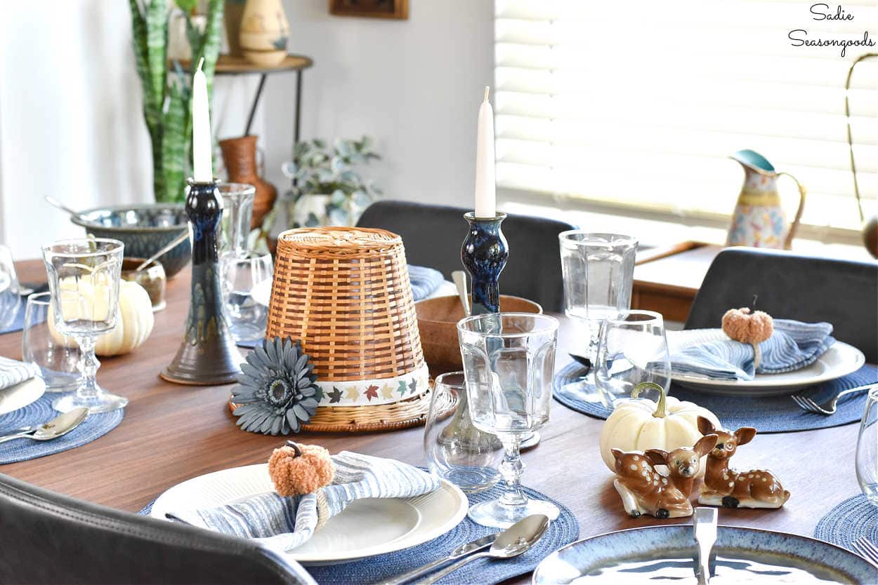 blue fall decor with a thanksgiving tablescape