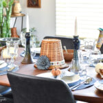 autumn tablescape in blue with a thanksgiving centerpiece