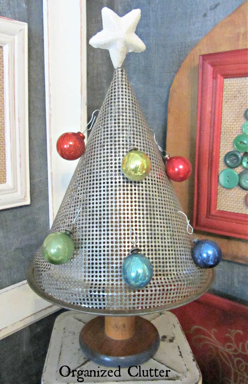 repurposed strainer as a tabletop christmas tree