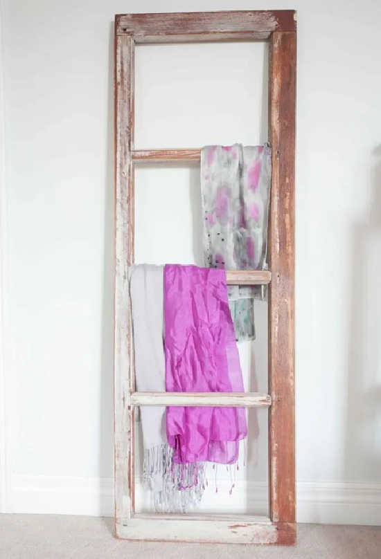 diy scarf rack in a window frame